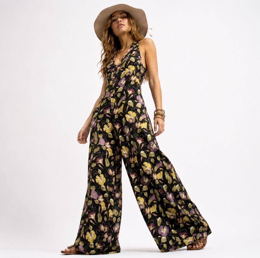 Backless Boho Floral Wide Leg Jumpsuit | Halter Organic Viscose Overall L-XL